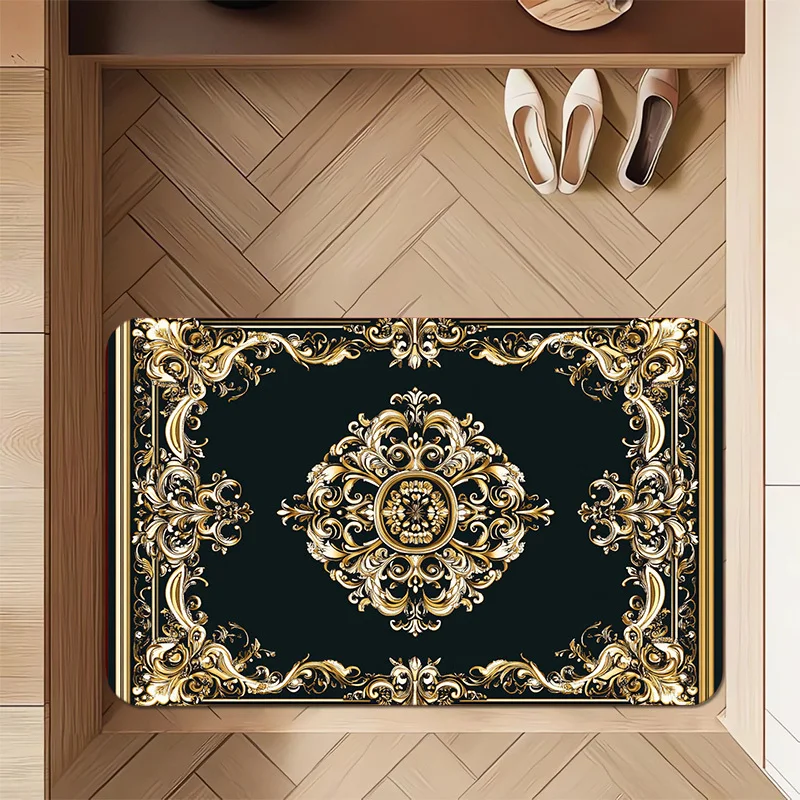 Flannel Printed Baroque Style Rug Classic Gold Pattern Indoor Mat Vintage Design Home Decoration Royal Theme Living Space
