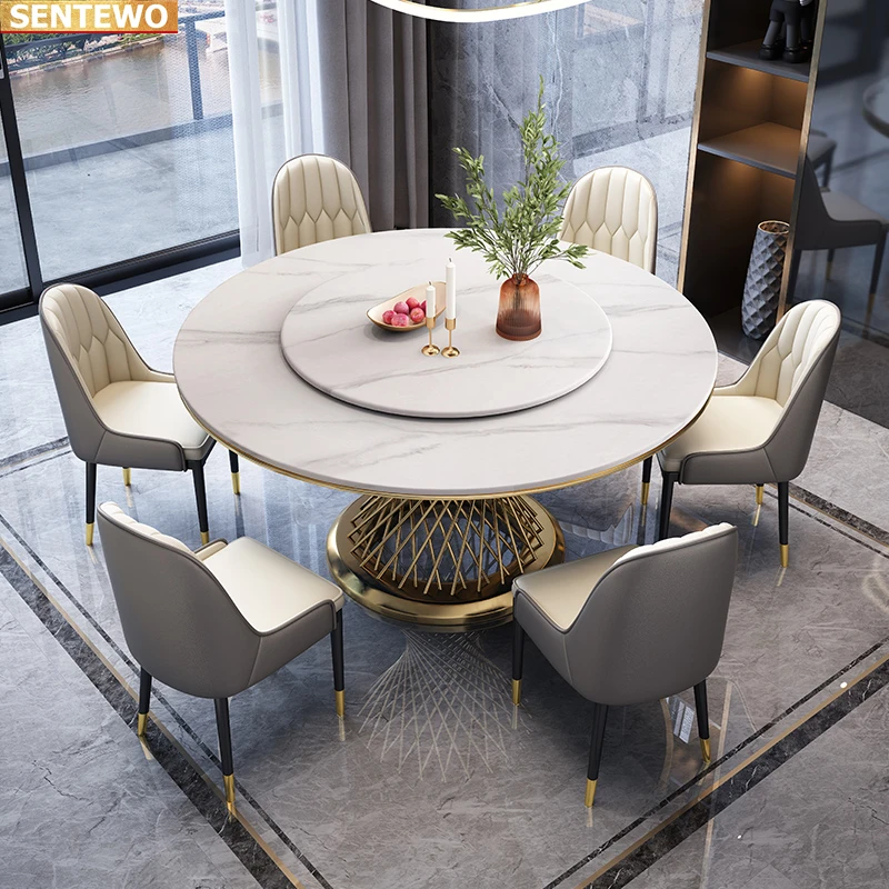 Designer Luxury round dinning Marble Rock Slab dining table set 4 chairs mesa comedor furniture marbre Stainless steel gold base