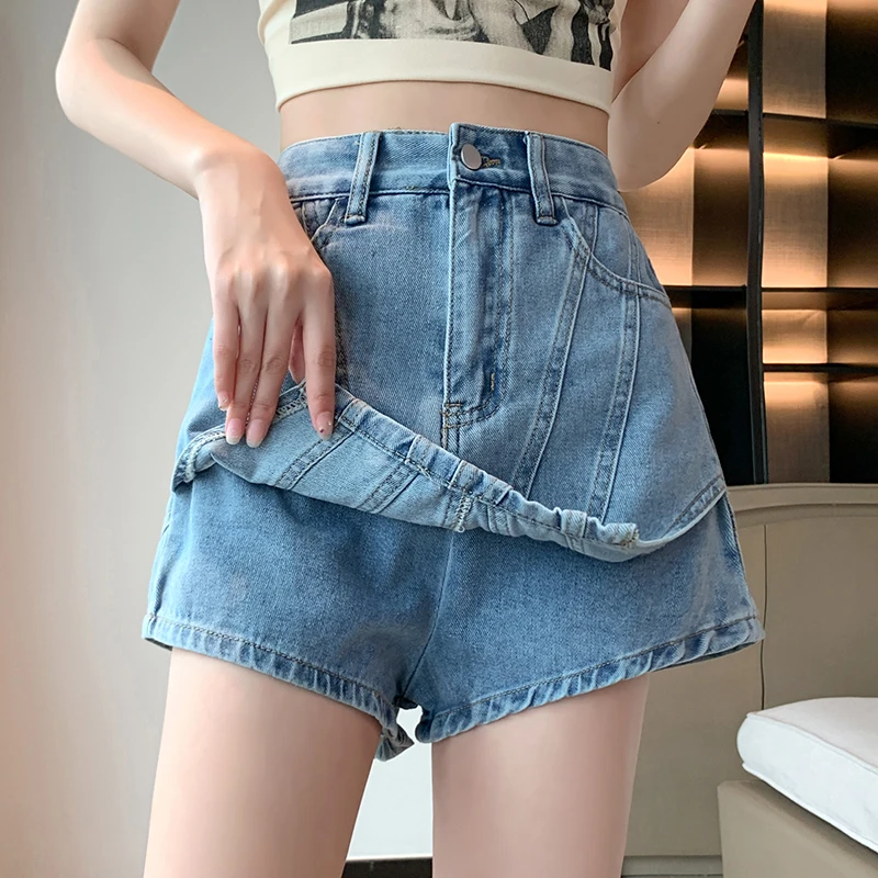 High waisted denim skirt pants for women in summer, sexy washed A-line denim shorts and skirt pants, two large fake pieces