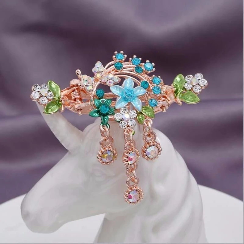 

Women Girls New Headwear Multicolored Tassels Rhineston Flower Trendy Crab Hair Clip Hairpins Female Headdress Headband