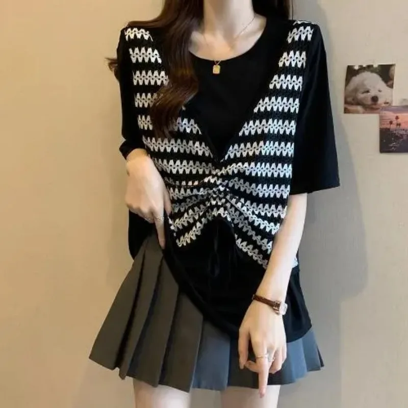 Women's Striped T Shirt Knit Overlay Drawstring Loose Short Sleeve Top