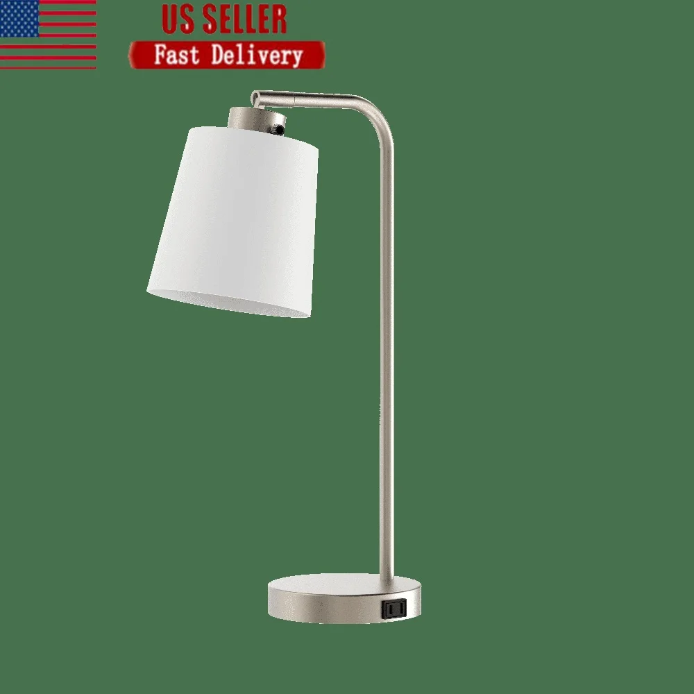 

Modern Brushed Nickel Desk Lamp with Adjustable Fabric Shade and Built-in AC Outlet Home Office Bedroom Use