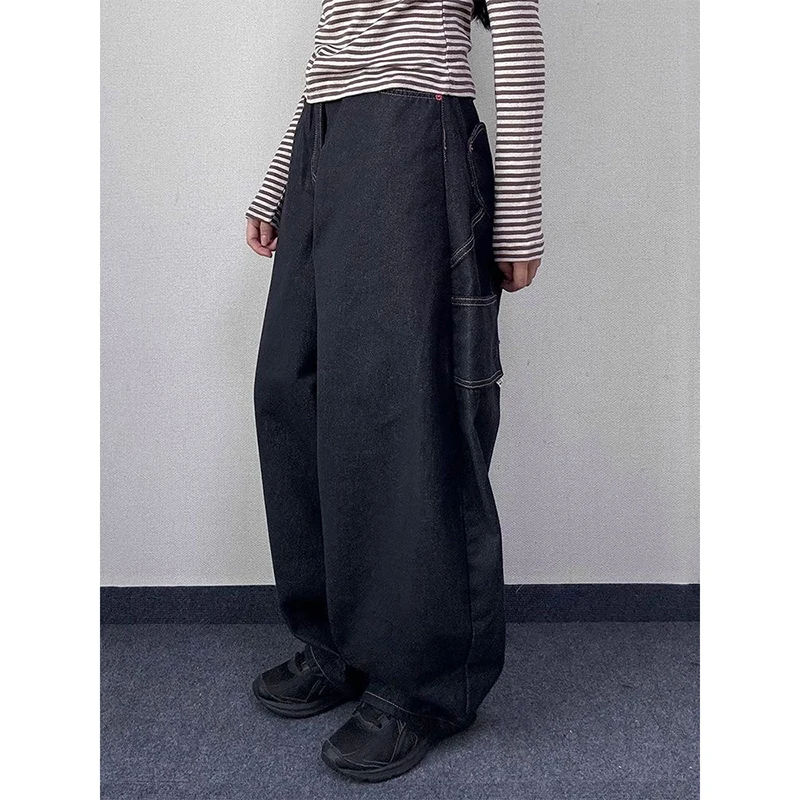 المرأة الأمريكية الرجعية سكين جيب واسعة الساق الجينز ربيع الخريف نمط فتاة ساخنة شارع العليا تصميم فضفاض الطابق طول السراويل