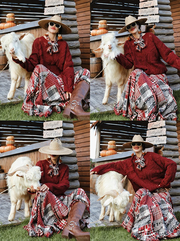 TIYIHAILEY-Dames Lange Maxi Rok Elastische Taille Laag Plaid Gedrukt Mode 2025, Nieuwe Dames Onregelmatige Herfst Winter Rokken