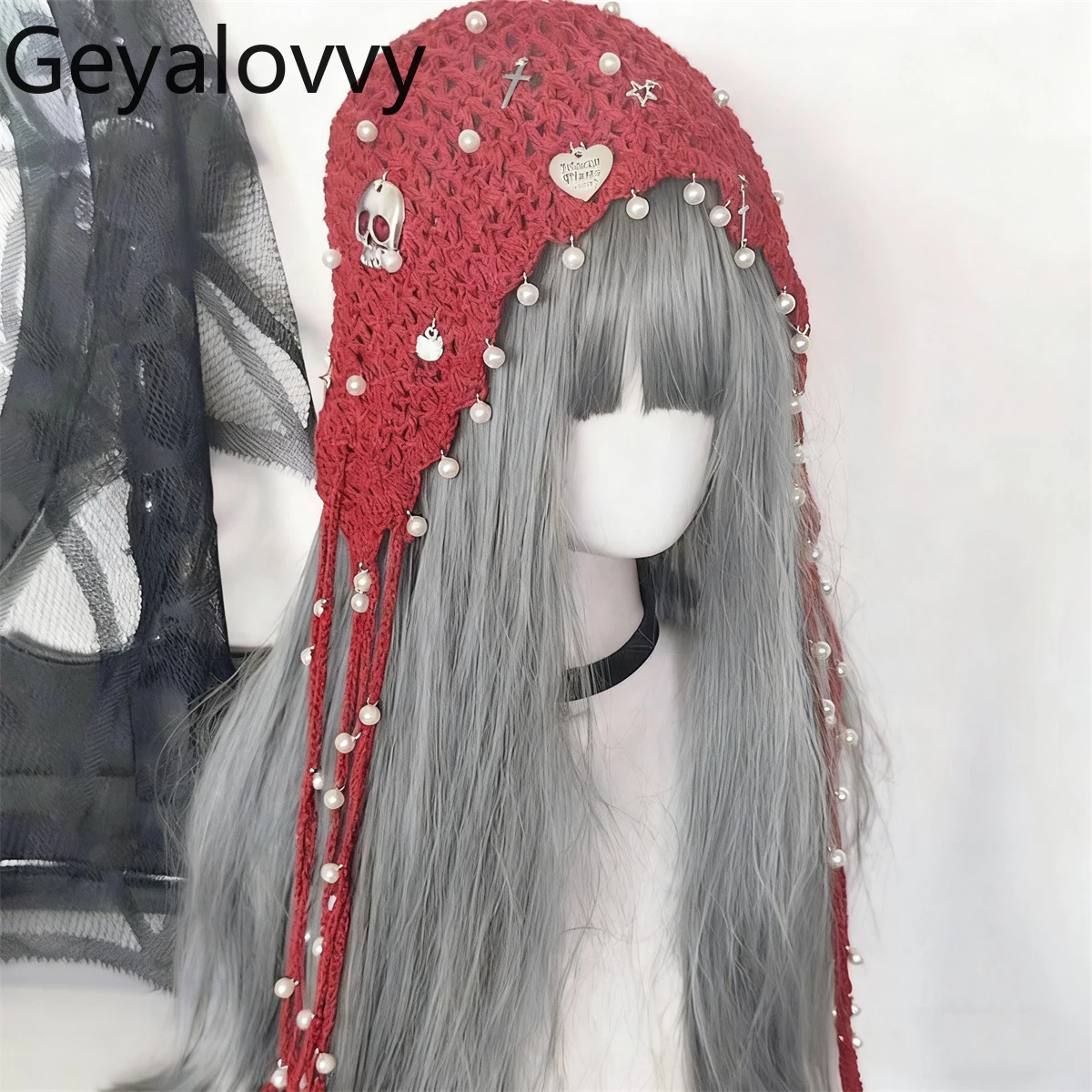 

Жемчужная повязка на голову с кисточками, винно-красная вязаная субкультура, индивидуальные шапочки для девочек, женские шапки ручной работы в стиле панк, тяжелое ремесло