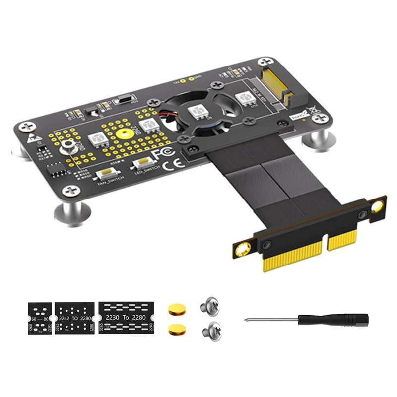 

Riser Card M.2 M-Key NVME SSD To Pcie X4 Extension Cable With Cooling Fan RGB LED Magnetic Pad For 2230-2280 NVME SSD