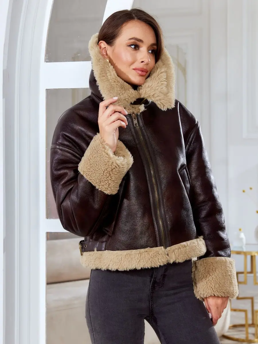 Fitaylor Winter Women Faux Fur Leather Jacket Casual Lapel Zipper Leather Coat High Street Motorcycle Outwear