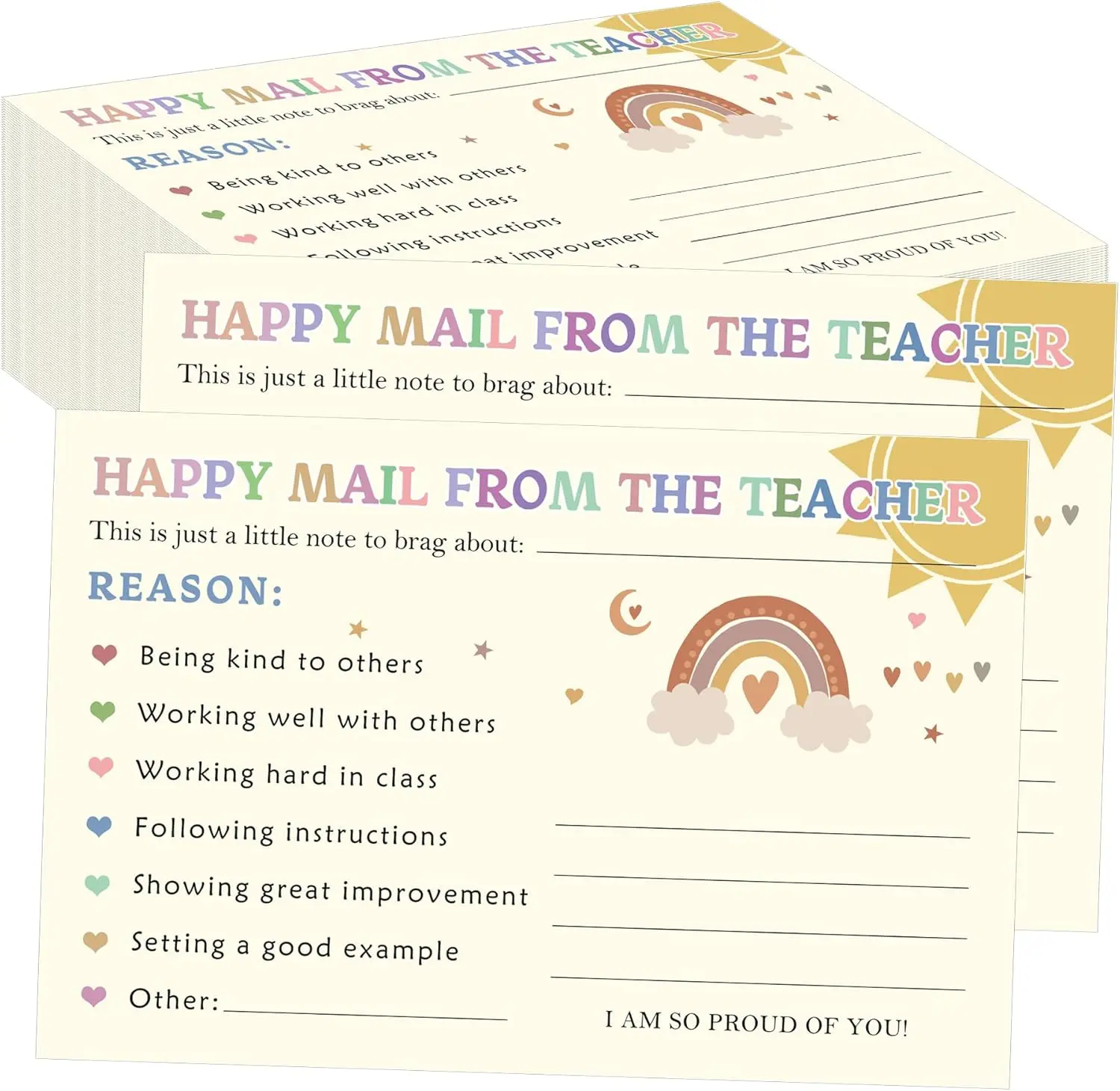 Rainbow Happy Mail Teacher Notes to Parents Classroom Good Behavior Incentive Motivational Cards 50 Pcs Positive Postcards