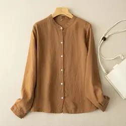 Artistic Retro Loose Cotton Linen Long Sleeved Shirt for Women Spring and Summer New Item Round Neck Mid Length Shirt Jacket