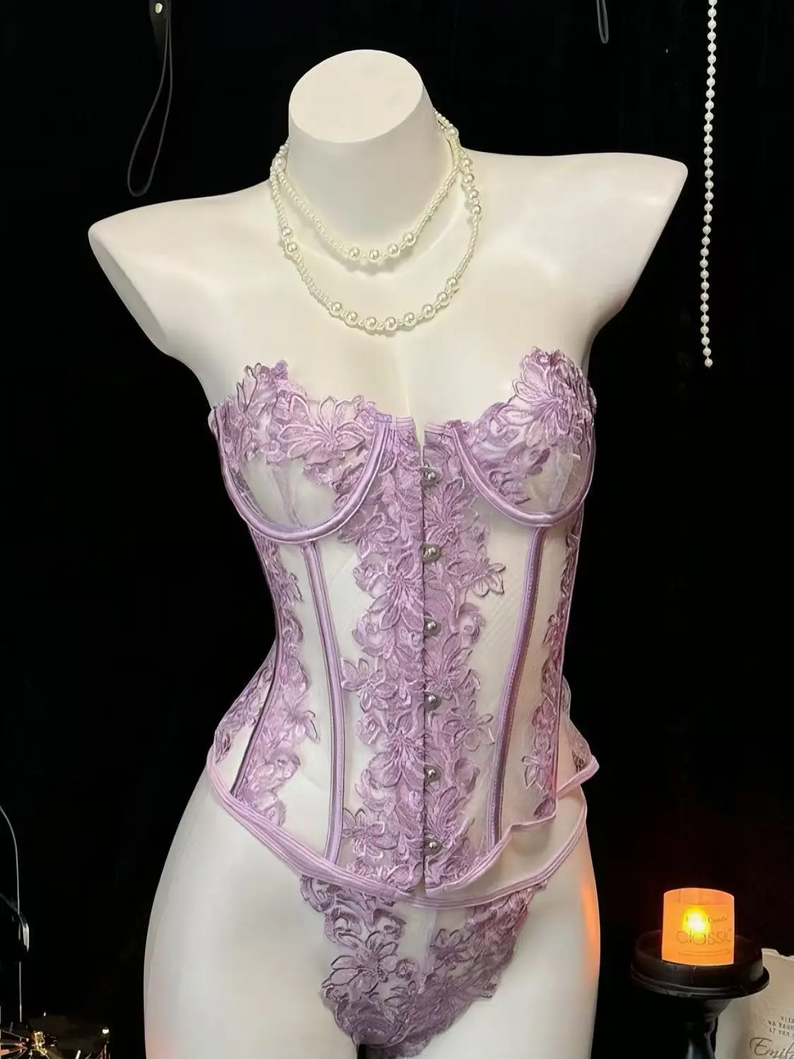 

Wild Twilight Кружевное Корректирующее белье с рыбьей косточкой Фиолетовый топ-труба с вышивкой и открытой спиной Сексуальное прозрачное боди-бретелька