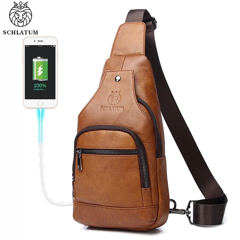 SCHLATUM Men Leather Chest Bag USB Charging Waterproof Multifunction Crossbody Bag Luxury Shoulder Bag