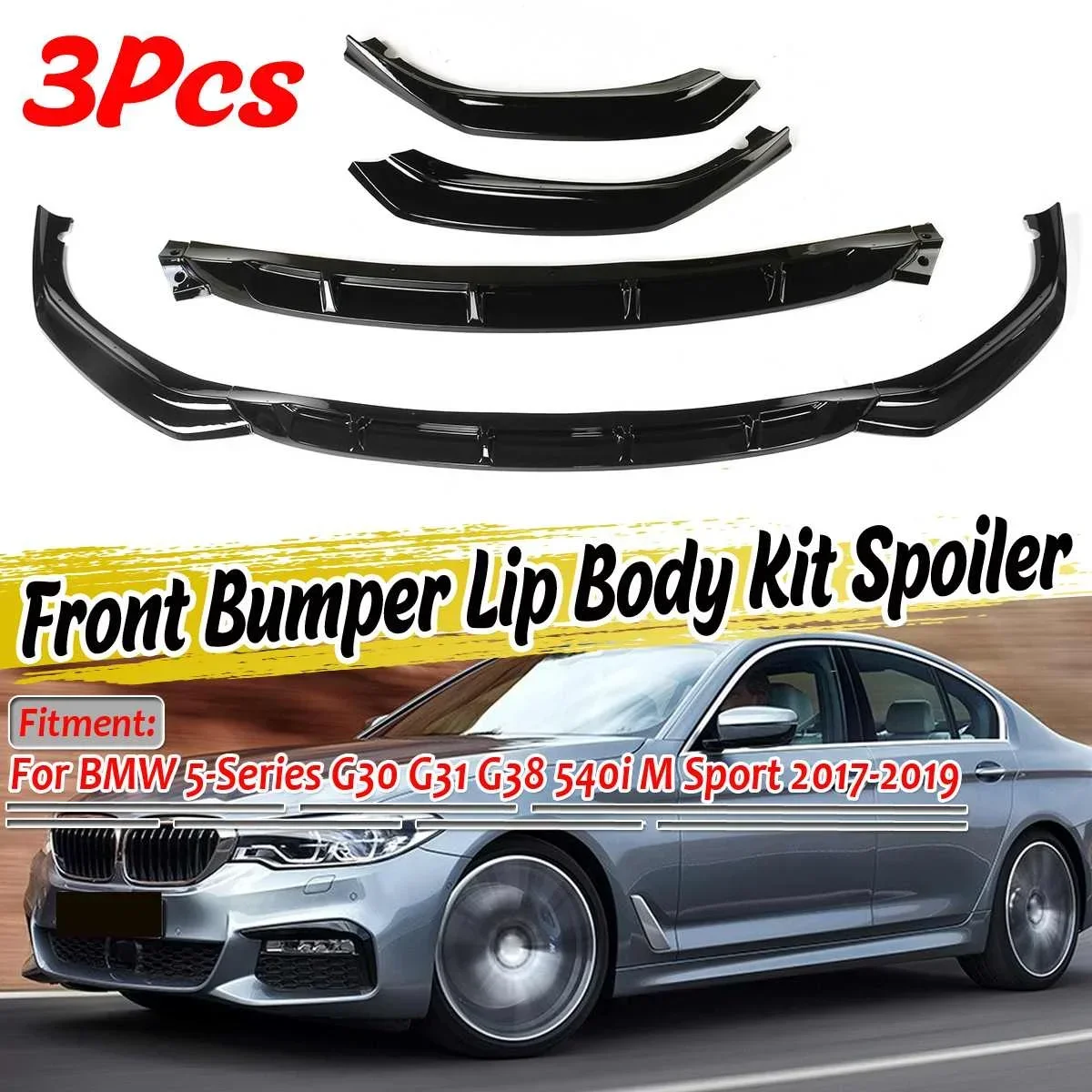 3x Glossy Car Front Bumper Lip Splitter Diffuser Spoiler Protector Cover For BMW 5-Series G30 G31 G38 540i M Sport 2017-2019