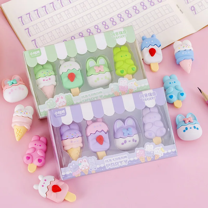 4Pcs/Set Cute Cartoon Girlish Pencil Eraser Kawaii Rabbit Ice Cream Boxed Rubber Student Gift Erasers for Kids Korean Stationery