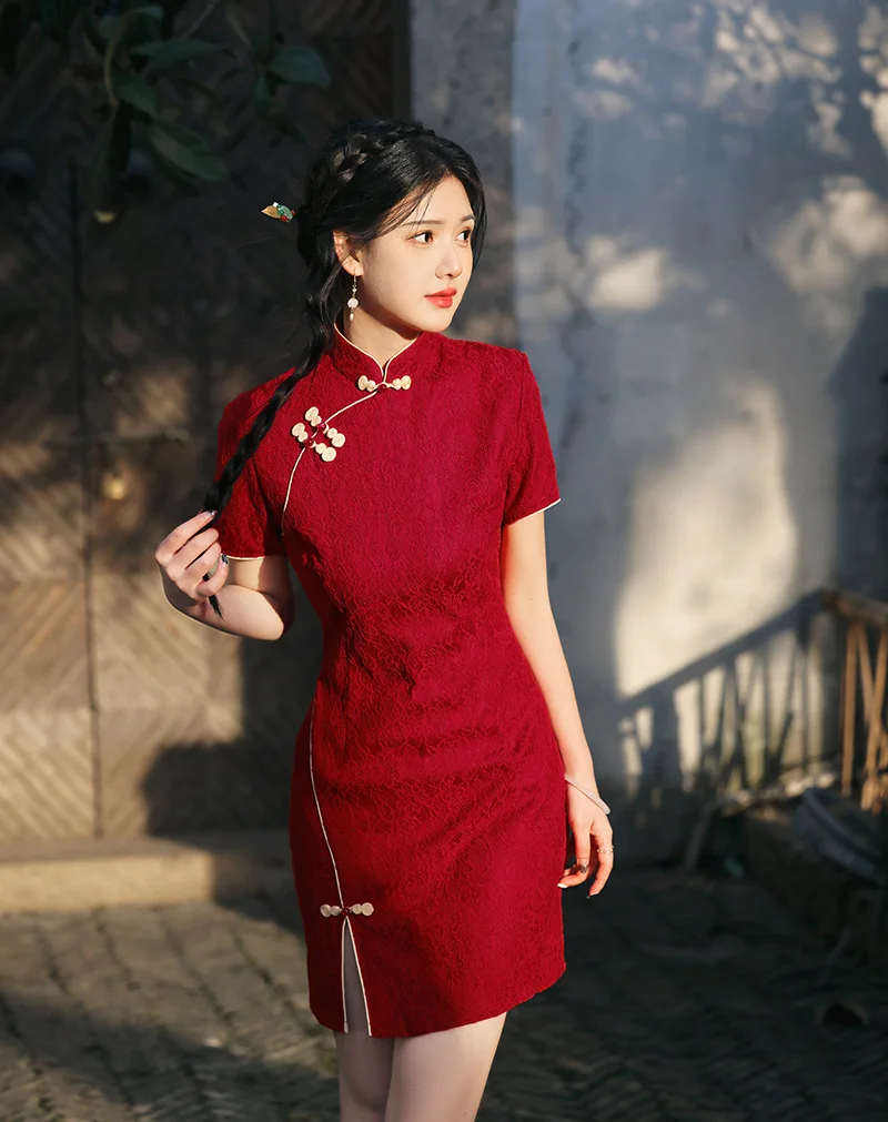 

2023 Spring and Summer New Chinese Cheongsam Wind and Snow Neil Lace Short Section Collar Retro Traditional Qipao Women's Ao Dai