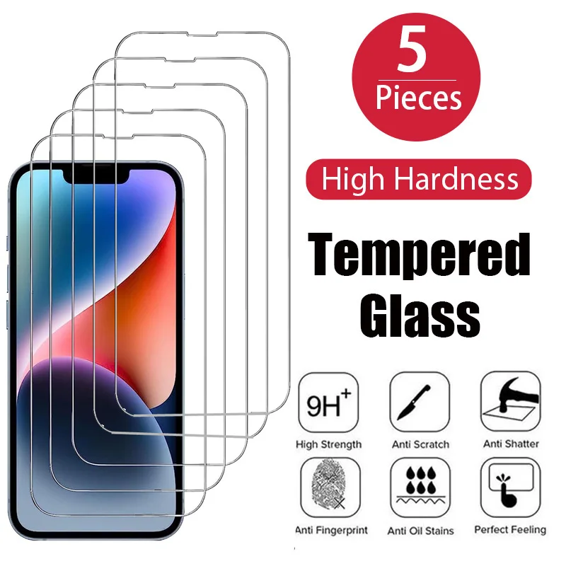 5PCS Tempered Glass For iPhone 15 14 13 12 11 Pro Max Mini Screen Protector for iPhone 15 8 7 6S Plus X XR XS Max SE 2020 Glass