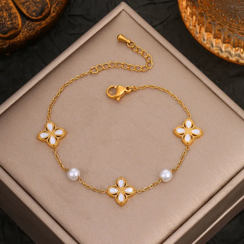 Elegant Gold Color Four Leaf Clover Bracelet Women's Light Luxury Stainless Steel Non Fading Wrist Chain Trend 2024 Jewelry Gift