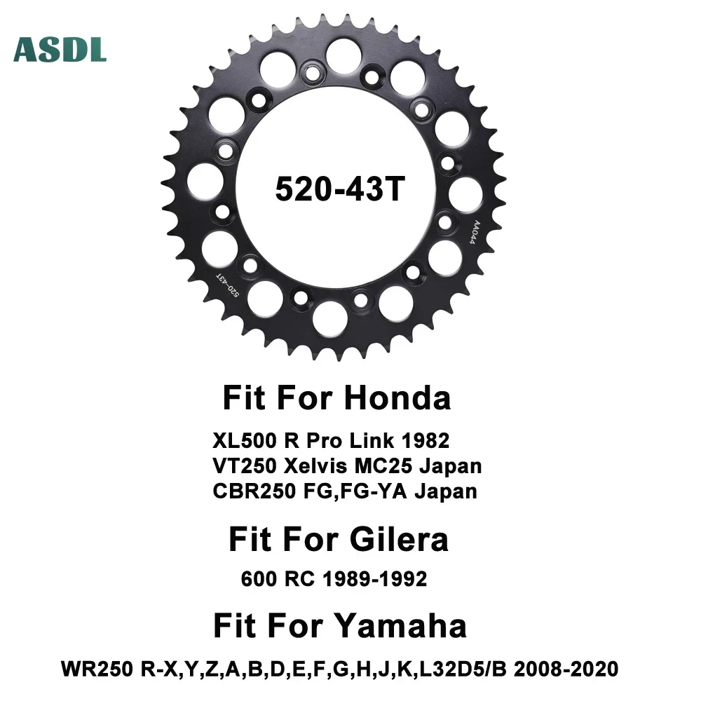 520 43T Motorcycle Rear Sprocket Gear For WR250 R 2008-2020 For Honda XL500R 1982 VT250 MC25 CBR250 For Gilera 600RC 1989-1992