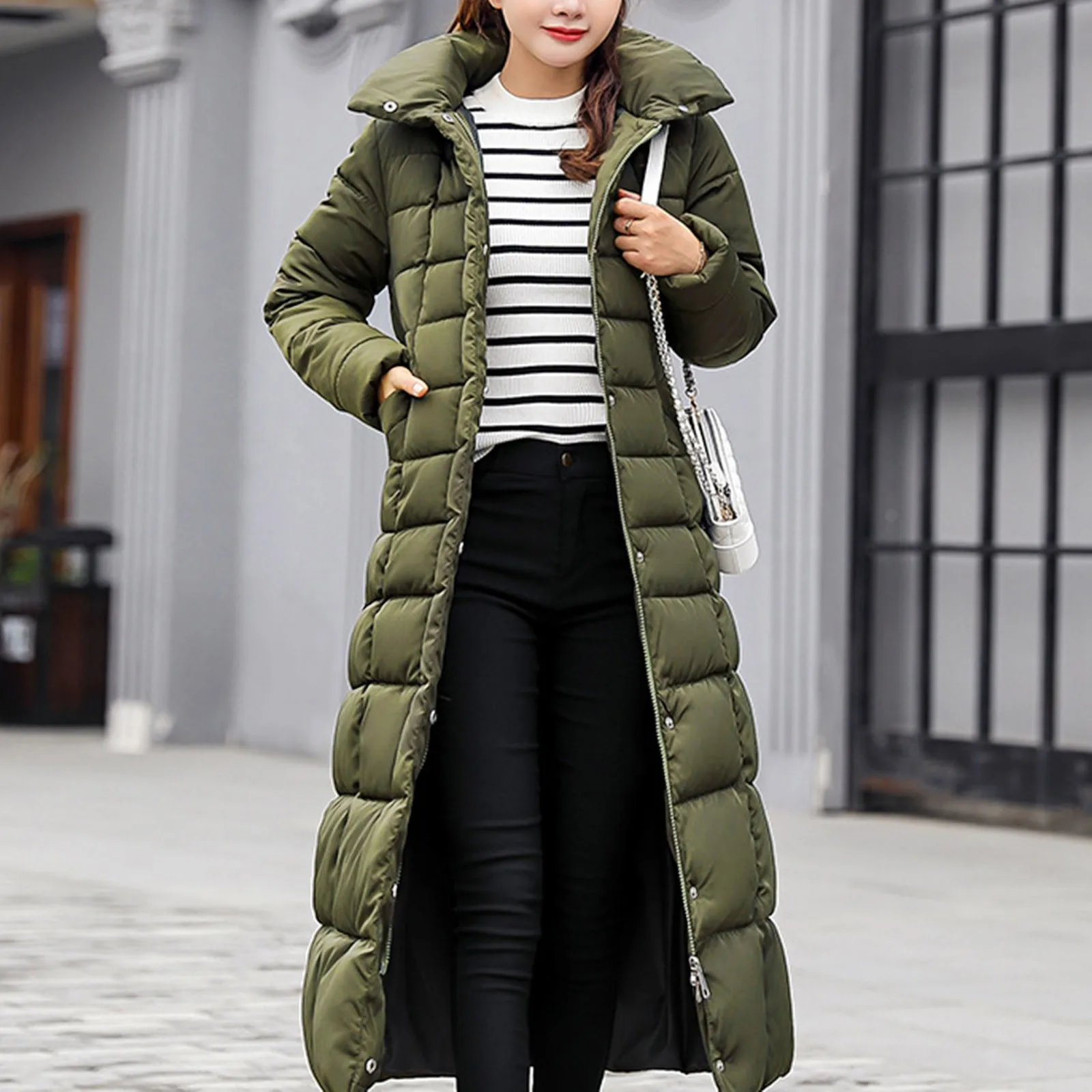 Kobiety Ciepła kurtka puchowa 2024 Winter Solid Color Pocket Long Hooded Parkas Female Plus Size Slim Puffer Overcoat пуховик женский