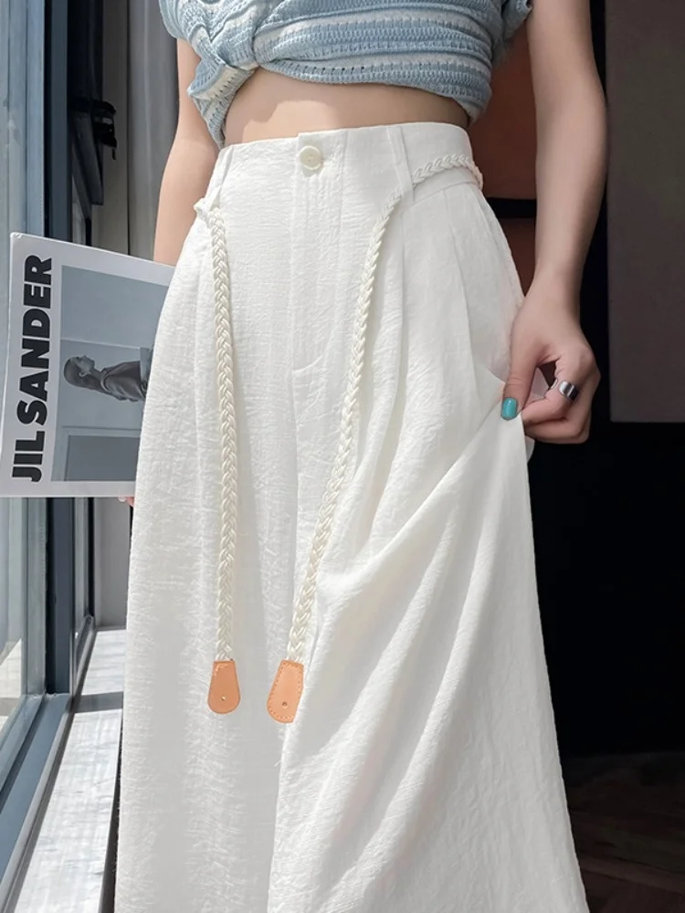 

Белые льняные брюки из шелковистой ткани с широкими штанинами для женщин, летние повседневные прямые брюки в пол с высокой талией, визуально стройнящие фигуру