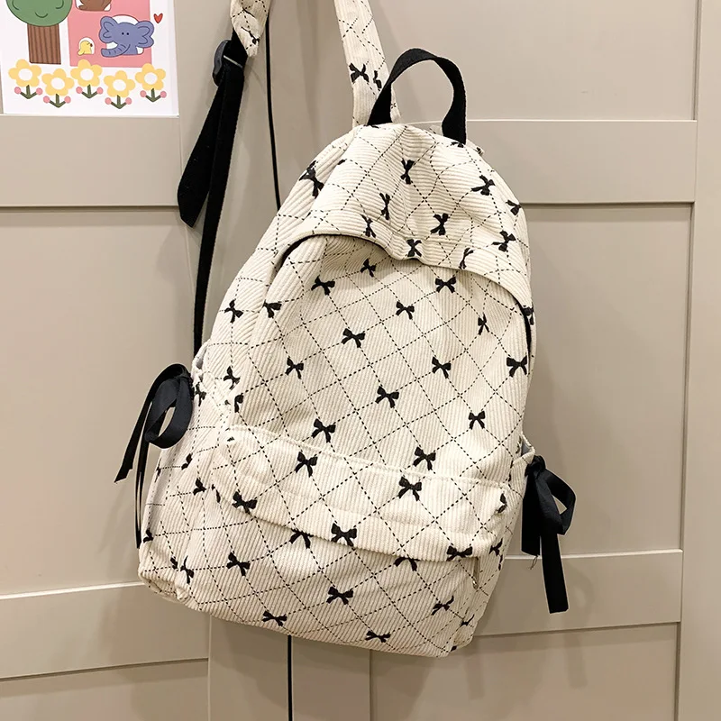 Autumn and winter corduroy bow backpack for female college students, for high school students, cute backpack for middle school