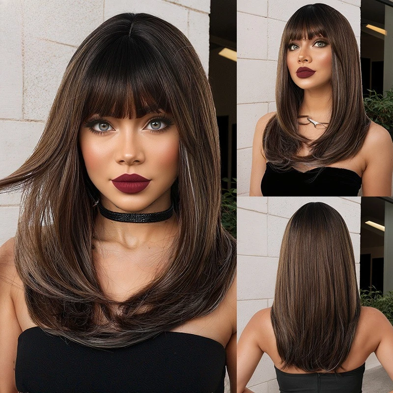 

European and American wig headgear new air bangs highlights 18inch multi-level wig