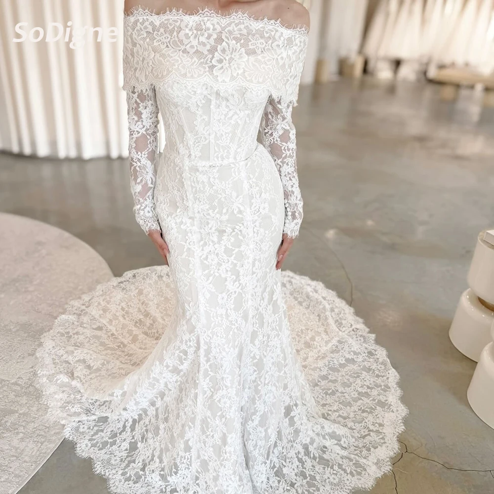 SoDigne Zeemeermin Kant Trouwjurken Off Schouder Lange Mouwen Bruidsjurk 2026 Boho Bruid Jurk vestidos de novia Aangepaste