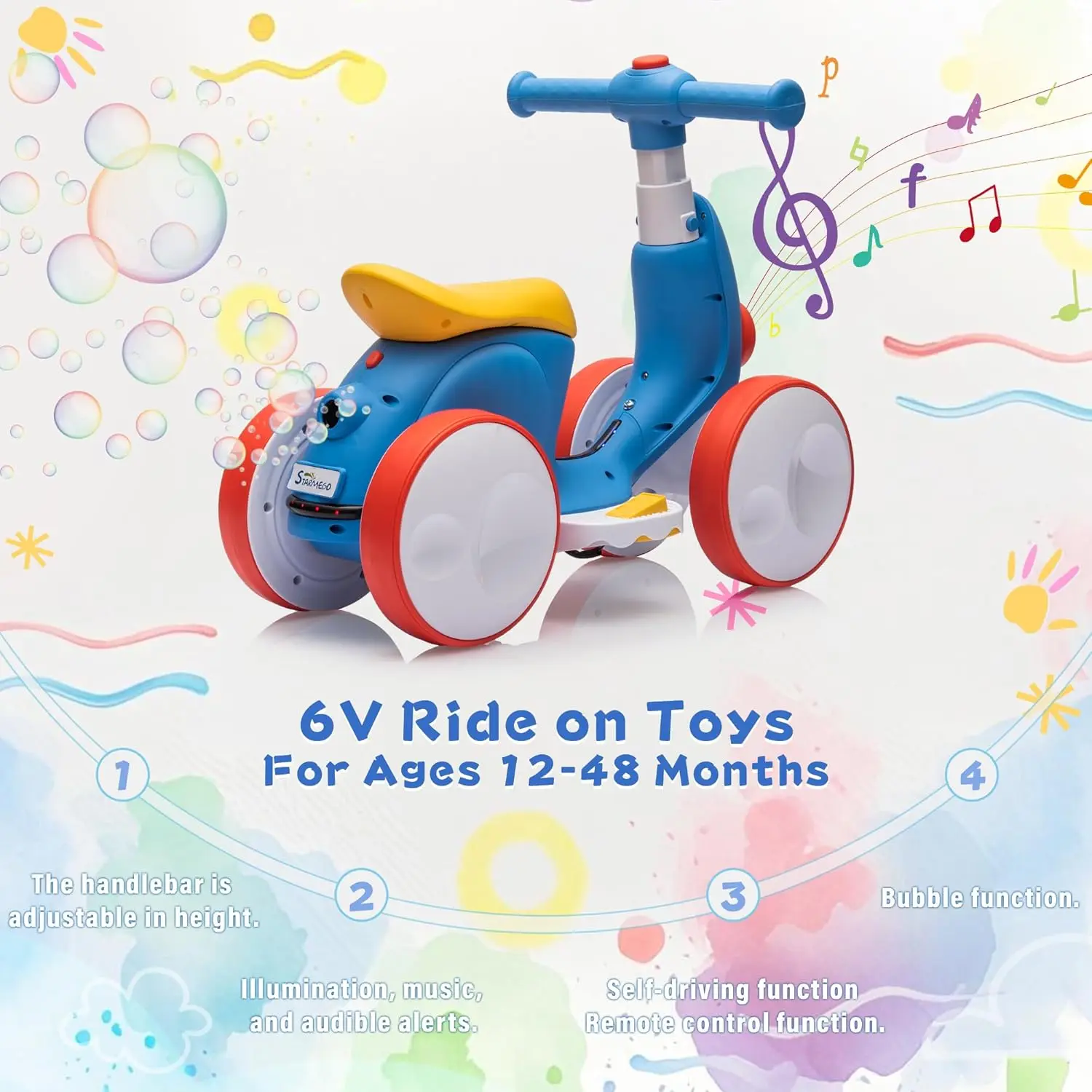 6V Electric Baby Balance Bike for 1 Year Old Boys Girls Ride on Toys 12-24 Month Toddler Balance Bike, 4 Wheels Kids First Bike