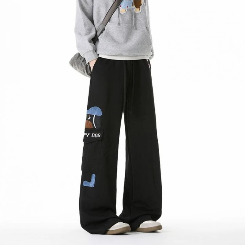 

Мужские осенние повседневные спортивные брюки с вышивкой щенка, в стиле ретро, с множеством карманов, свободного кроя, на шнурке, для уличной моды ​