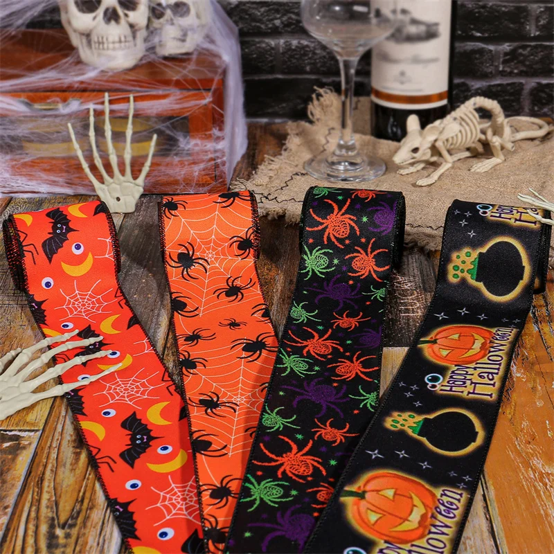 5 Yards Halloween Wired Edge Ribbons Spider Web Printed Ribbon Bat Pumpkin Ribbons For Halloween Home Craft Decor