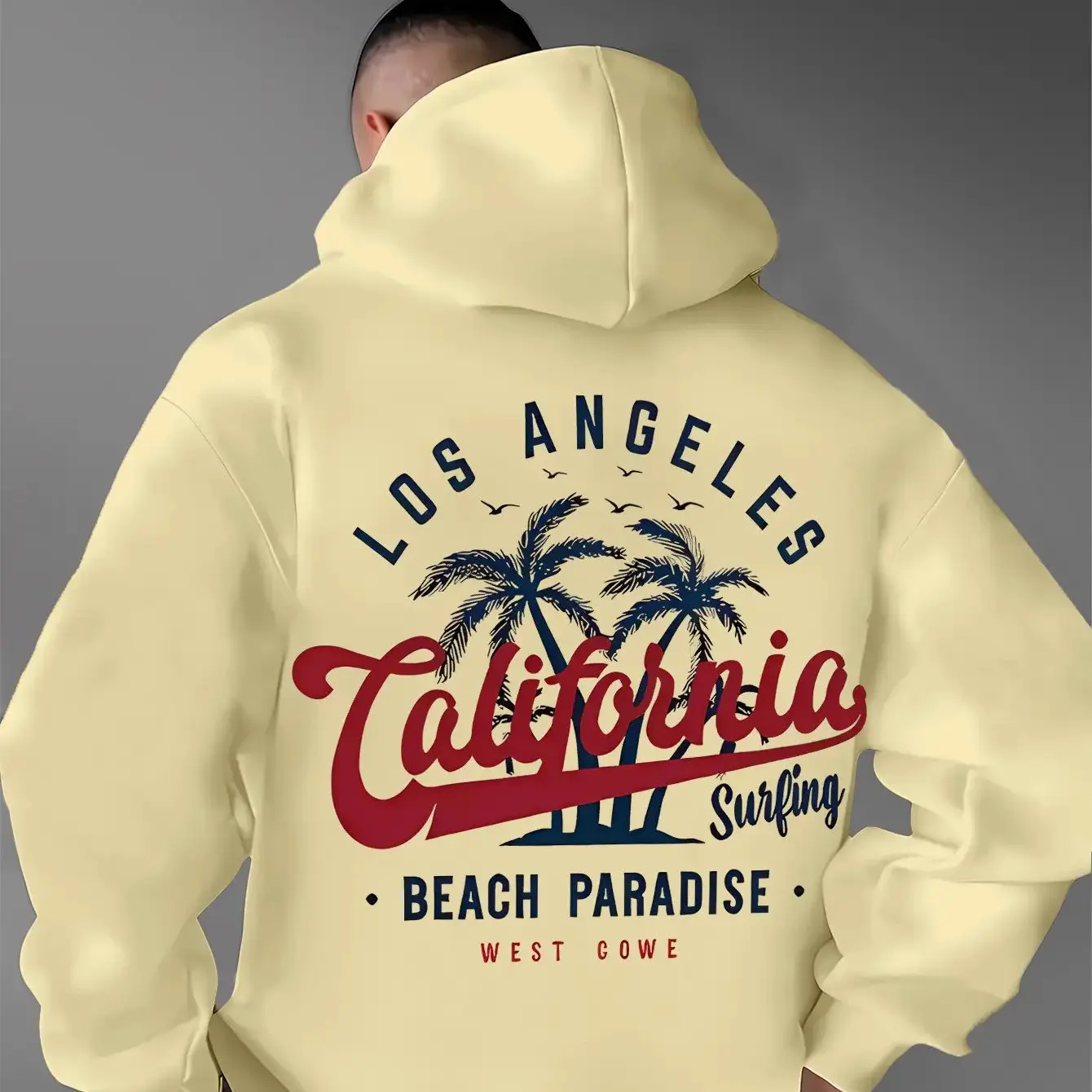 Übergroßer Herren-Hoodie Vintage Retro Los Angeles Kalifornien Kursivschrift Palme Surf Grafik Weicher Fleece Lässiger Pullover – Detail 6