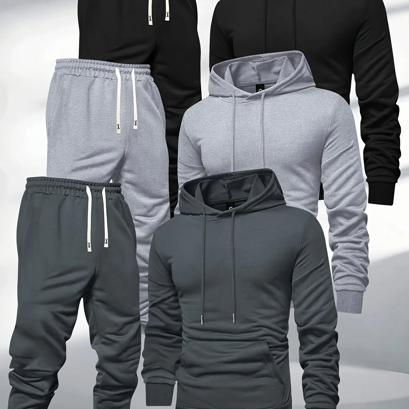 Herren 3-Teiliges Trainingsanzug-Set Einfarbiger Pullover-Hoodie Sweatshirt Jogginghose Frühling Herbst Lässige Sportbekleidung Locker Sitzendes Alltags-Outfit für Männer – Detail 8