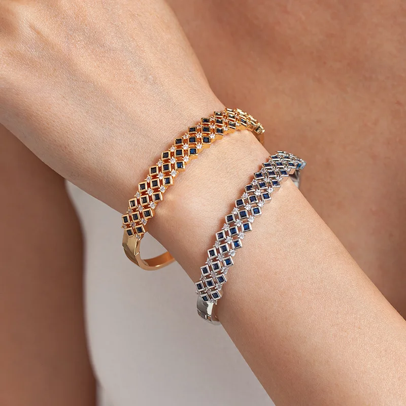 Luxury Blue Square CZ Diamond Bracelet Women Geometric Lattice Inlaid Zircon Bridal Bangle Jewelry