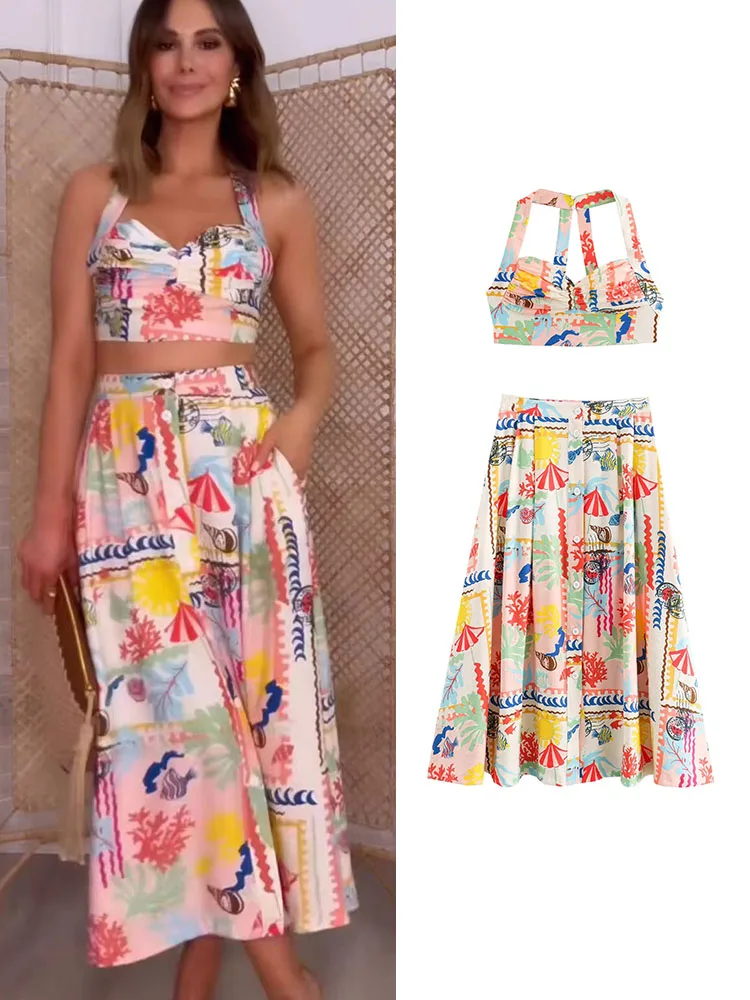 TRAF Beach Style Women Printed Skirt Set 2024 Sexy Backless Buttons Mini Camis Top+ High Waist Buttons A-line Midi Skirt Suit