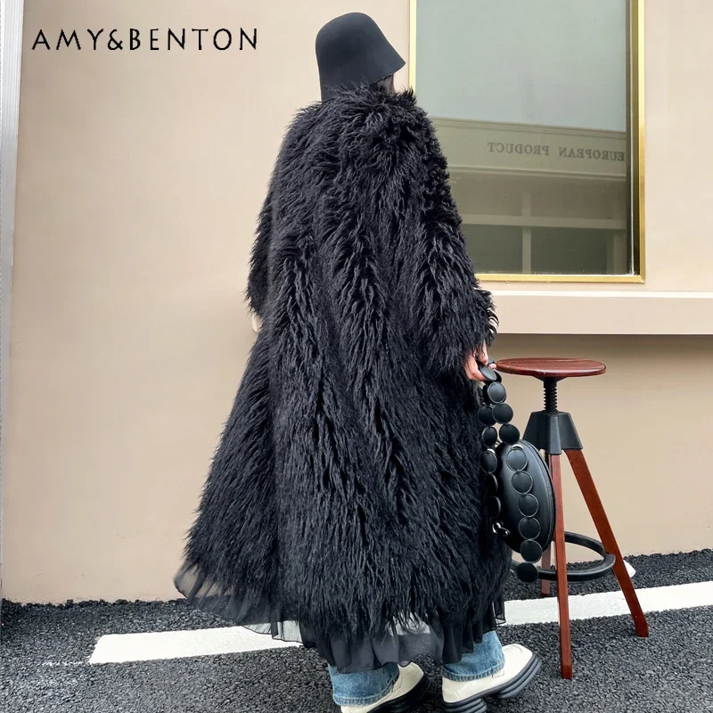 

2023 Autumn And Winter New Fashion Black Faux Fur Coat Wool-like Long Furry Long Hem Ruffled Jaqueta Feminina Women's Clothing