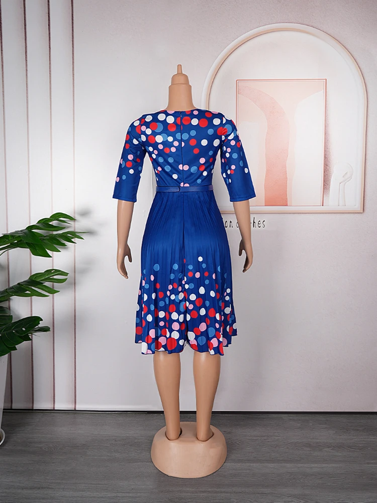 Elegant Printed Polka Dot Women Office Dress O Neck Midi With Waist Belt Pleated A-line Clothing Formal Event Work Wear Robe New