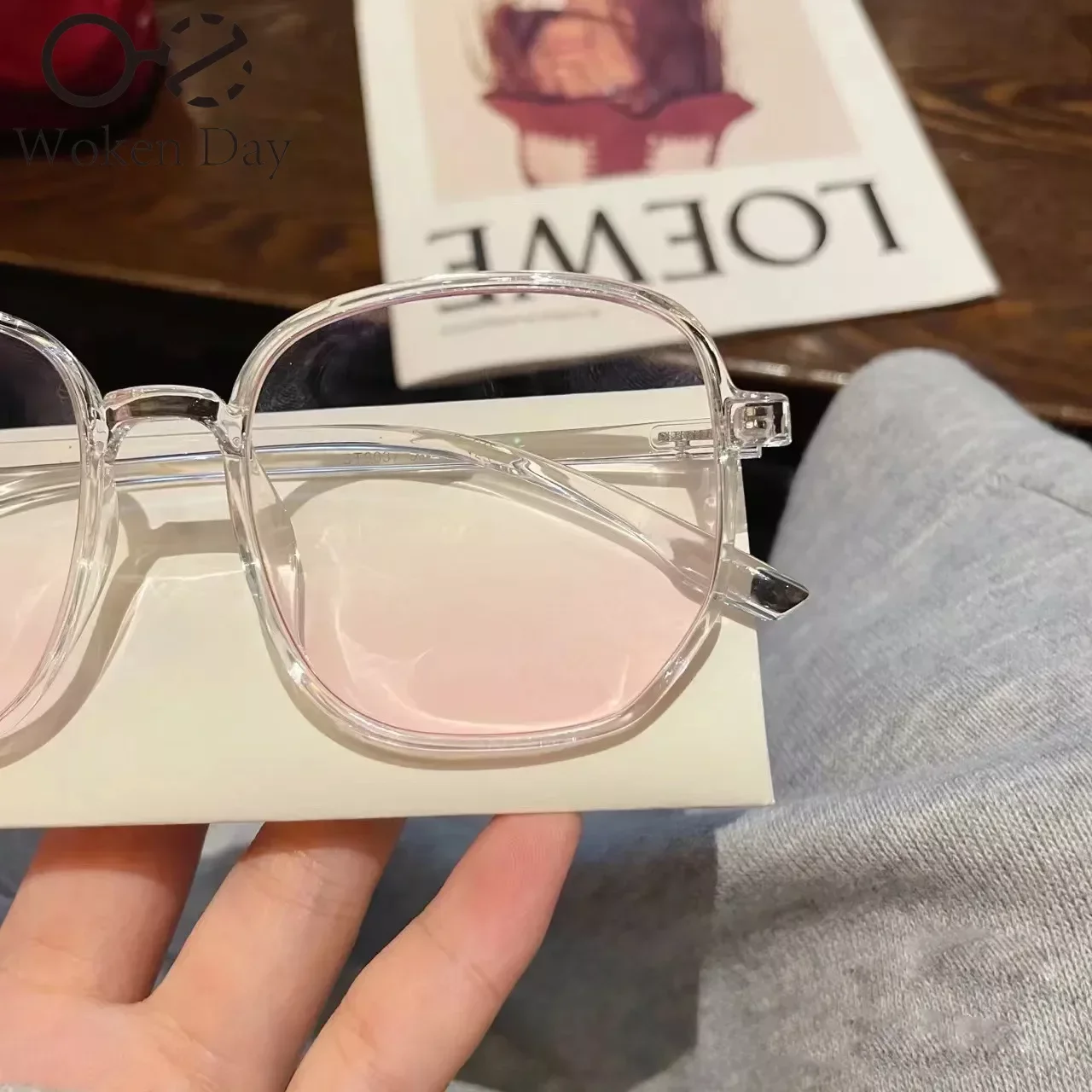 New Trend Korean Oversized Gradual Pink Powder Blusher Myopia Glasses Anti Blue Light Blocking Computer Eyewear Diopter 0