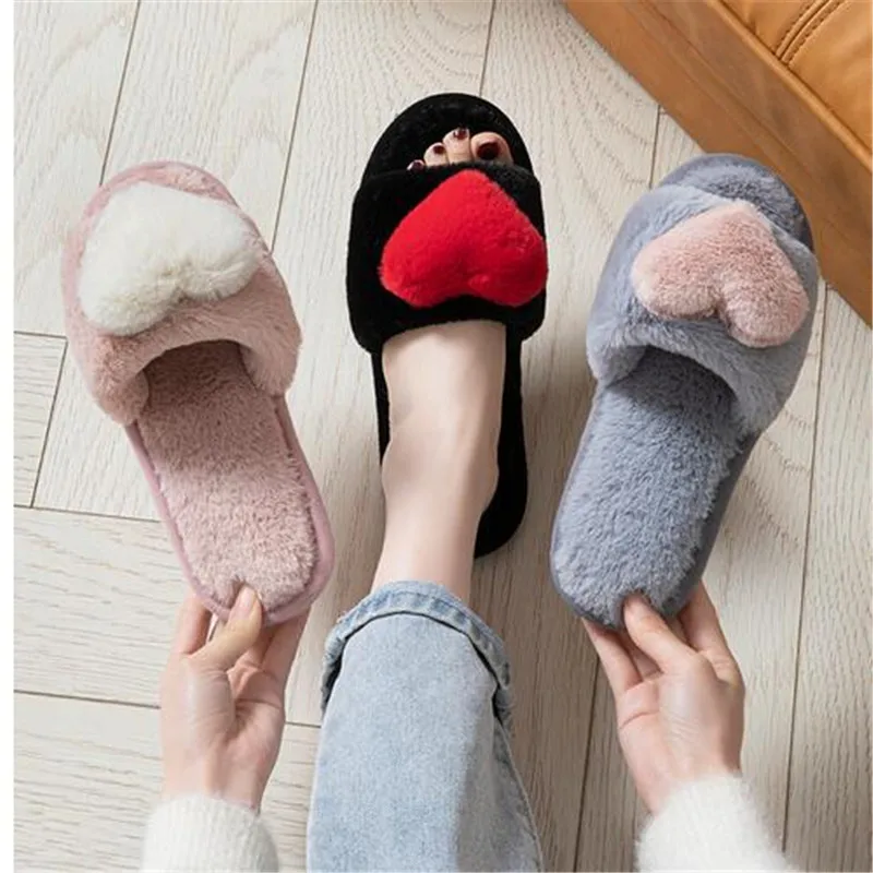 

New Women's Plush Heart Slippers Winter Cute Home Floor Anti slip Warm Indoor silent Platform Cotton Shoes sapatos тапочки mujer