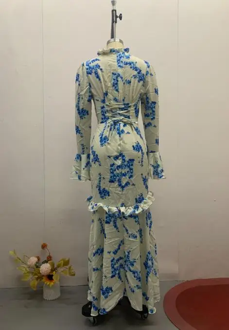 2025 프랑스 여성 드레스 신상 우아한 패션 플로럴 프린트 혼 슬리브 하이웨이스트 캐주얼 라운드넥 슬림 데일리 피쉬테일 스커트