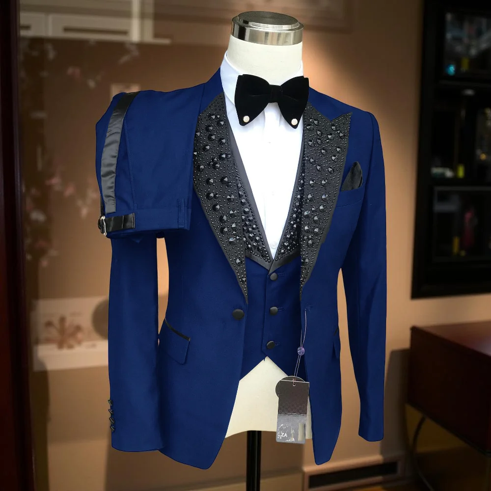

Bling Beaded Men Suits for Prom 3 Pieces Banquet Wedding Celebrity Suit Stunning Male Fashion Jacket Vest with Striped Pants