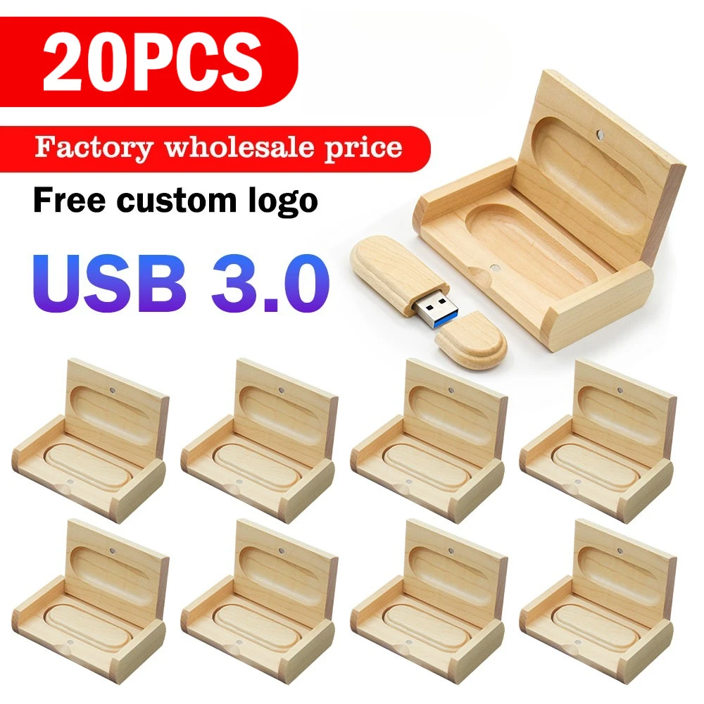 

20PCS/LOT USB 3.0 Flash Drives 128GB High speed Wooden Pen drive 64GB 32GB with Box Memory Stick Creative gift U disk for Laptop