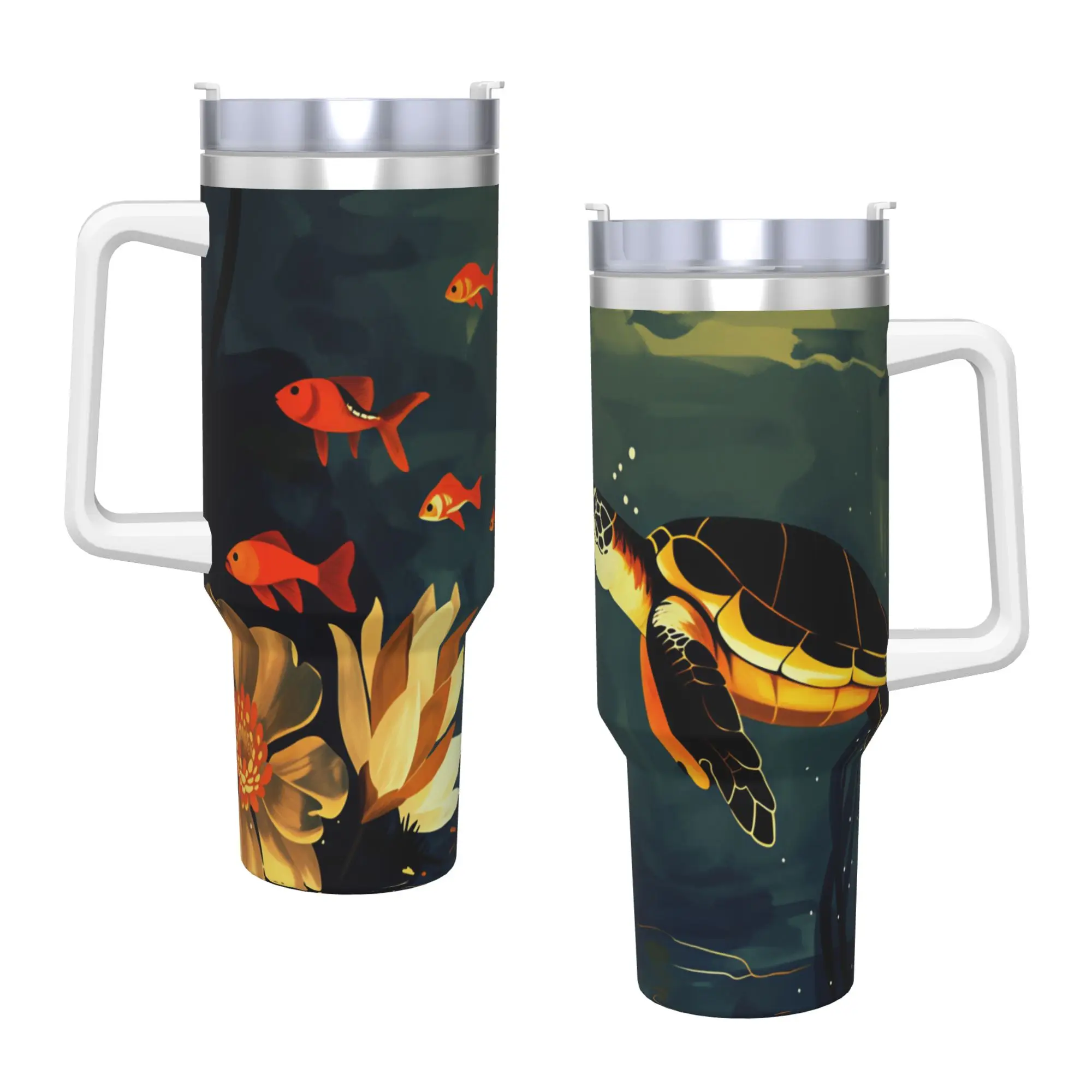 Vintage Sea Turtle Goldfish Lotus Pond Art Stainless Steel Tumbler  Driving Mugs Cup Large Capacity Coffee Mug Drinks Bottle