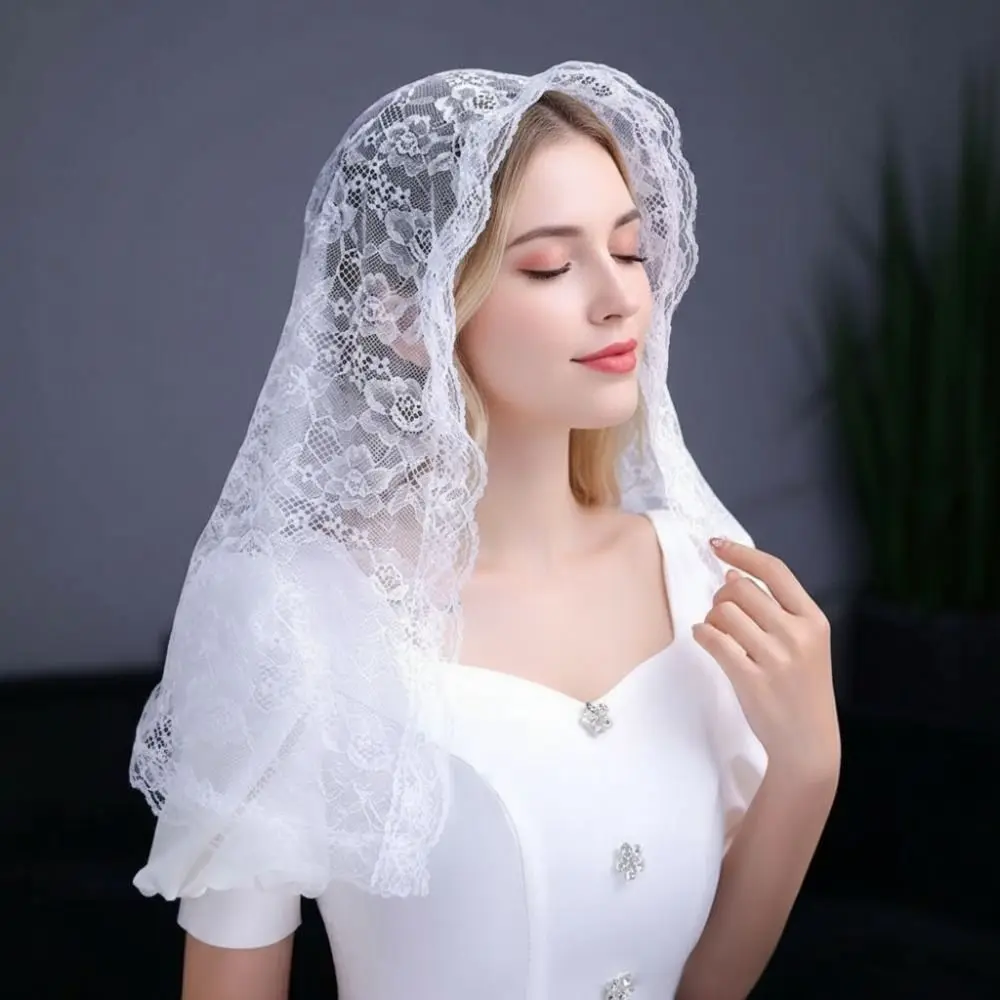 

Flower Embroidered Chapel Veil Lace Edge Spanish Style Bridal Lace Headscarf Traditional Vintage Romantic Lace Head Covering