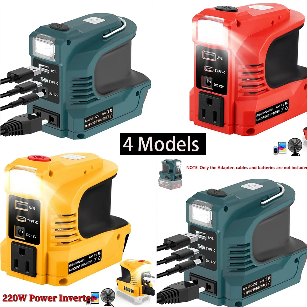 220W Portable Power Inverter for 18V Li-ion Battery AC Outlet USB Type-C DC 12V Outdoor Camping Power Bank with LED Work Light