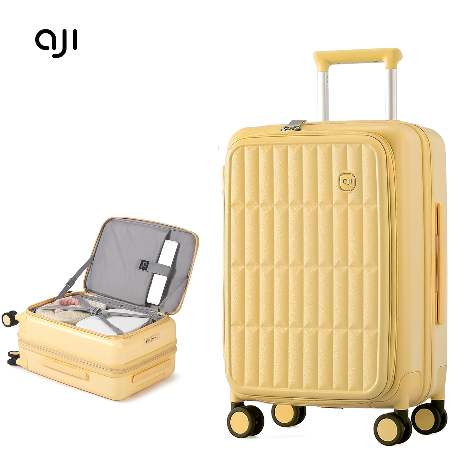

AJI Travel Suitcases Front Opening Design Trolley Case 100% Pc Large Size Luggage 20 24 26 Inch Front Laptop Pocket