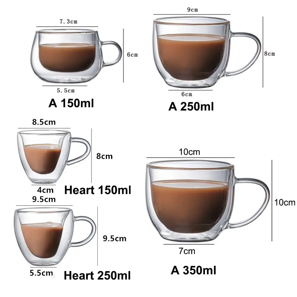 150-450ml Anti Scalding Insulated Double Wall Clear Coffee Tea Cup Double Cup Breakfast Mug with Handle