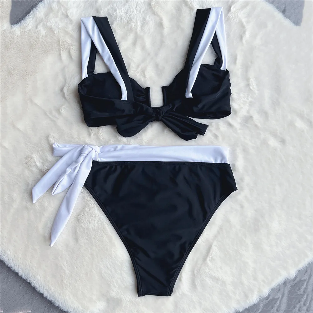 Bikinis Sets Sexy Black White Contrast Swimwear 2024 Women High Waist Push Up Swimsuits Knotted Bathing Two Piece Suit Brazilian