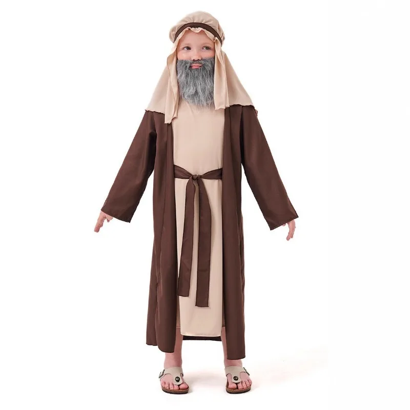 

Brown Arabian Old Man Costume Shepherd Robe Headpiece Middle Eastern Elderly Outfit