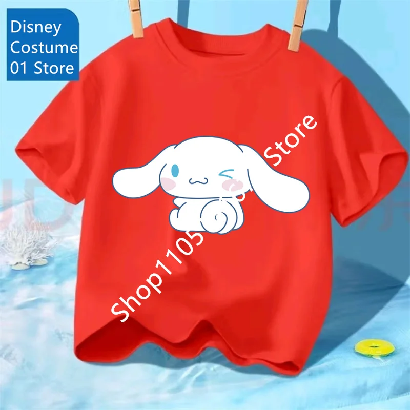 Sanrio Cinnamoroll Kinder T-shirt Top Nieuw Korte Mouw Big Ear Dog Cinnamoroll Gedrukt Ouder-kindkleding