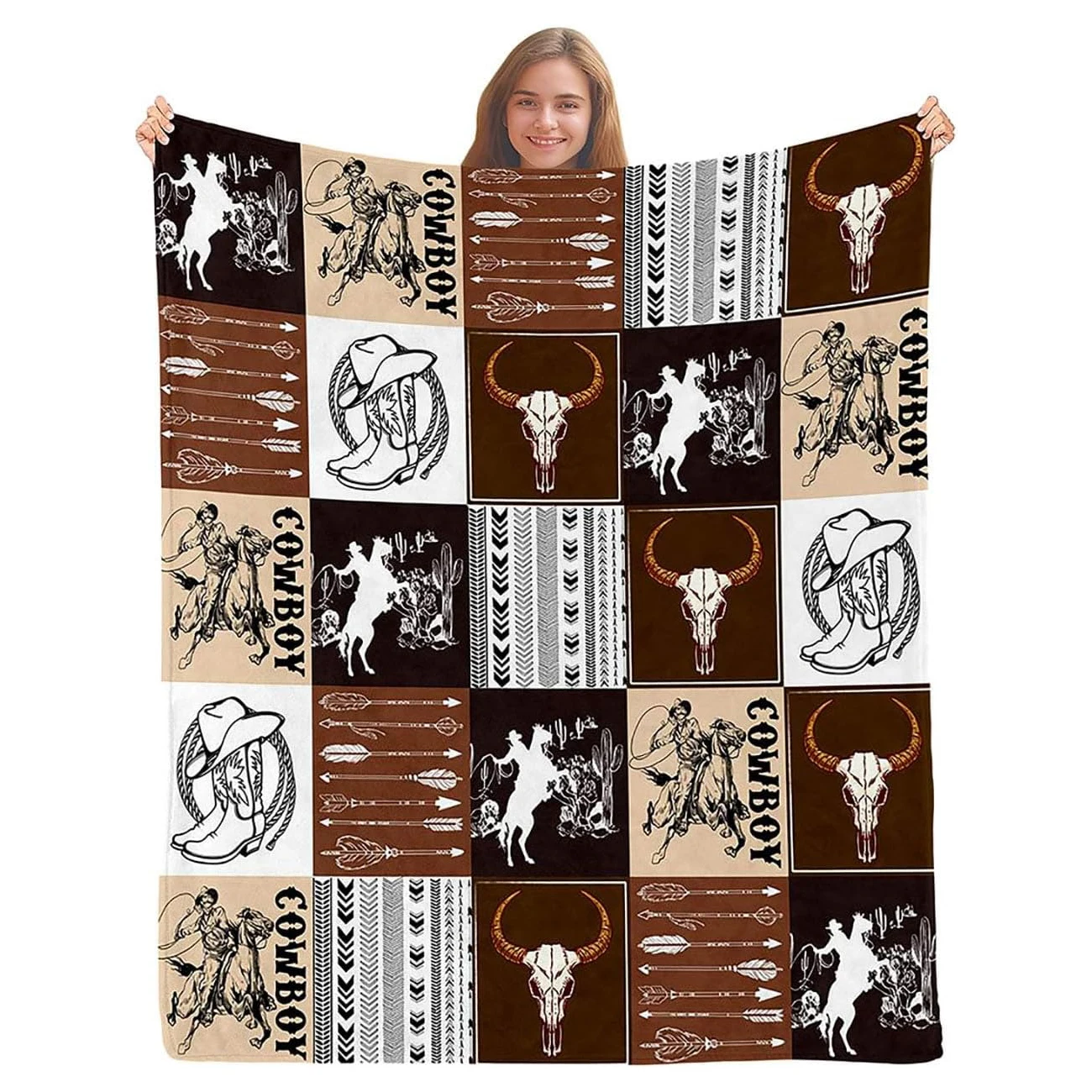 Western Throw Blanket, Twin Blanket, Bull Cow Skull Cowboy Boots Hat Horse Rustic Country Wild West Blanket,