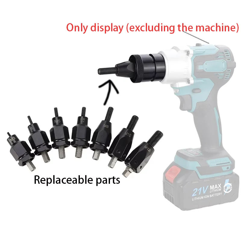 Pneumatic M12 Self-Locking Rivet Nut Gun Head with Replacement Mandrel for Pneumatic and Cordless Rivet Nut Tools